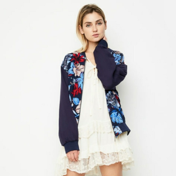NAVY FLORAL PRINTED BOMBER JACKET - Picture 3 of 6